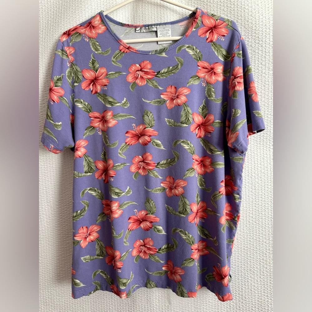 DRESSBARN Purple Pink Floral Short Sleeve Stretch Top Plus Size 2X Casual Tee